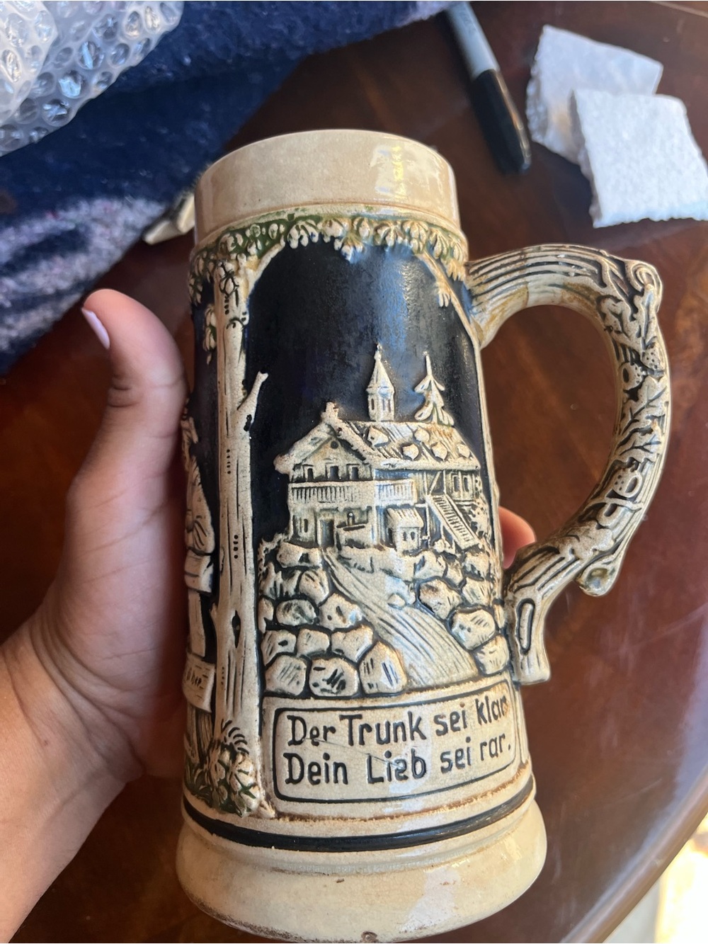 Vintage-Style Beige and Black Ceramic Beer Stein Mug